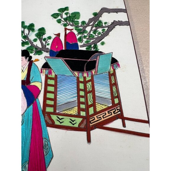 Vintage Korean Silk Embroidery Hanbok Wedding Scene with Gama Palanquin Panel - Picture 4 of 6